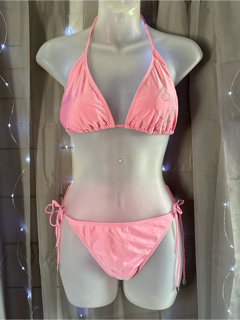 Authentic Y2K 2009 baby phat pink and rhinestone cat two piece bikini set Sz L - Picture 3 of 10